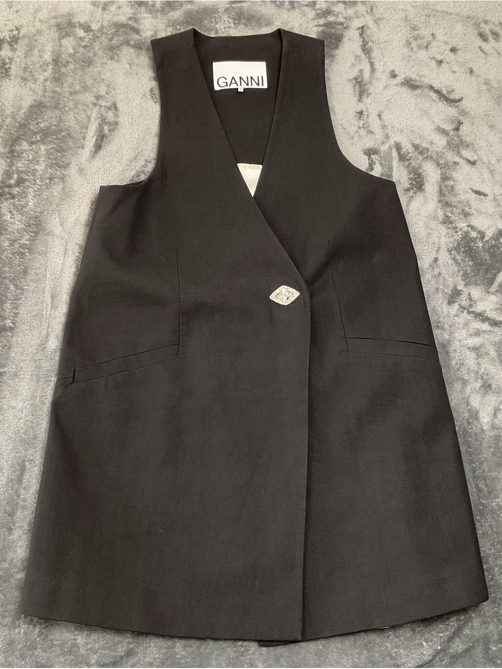Ganni Suiting Vest Women 36 Black Sleeveless Longline Neckline Single Button